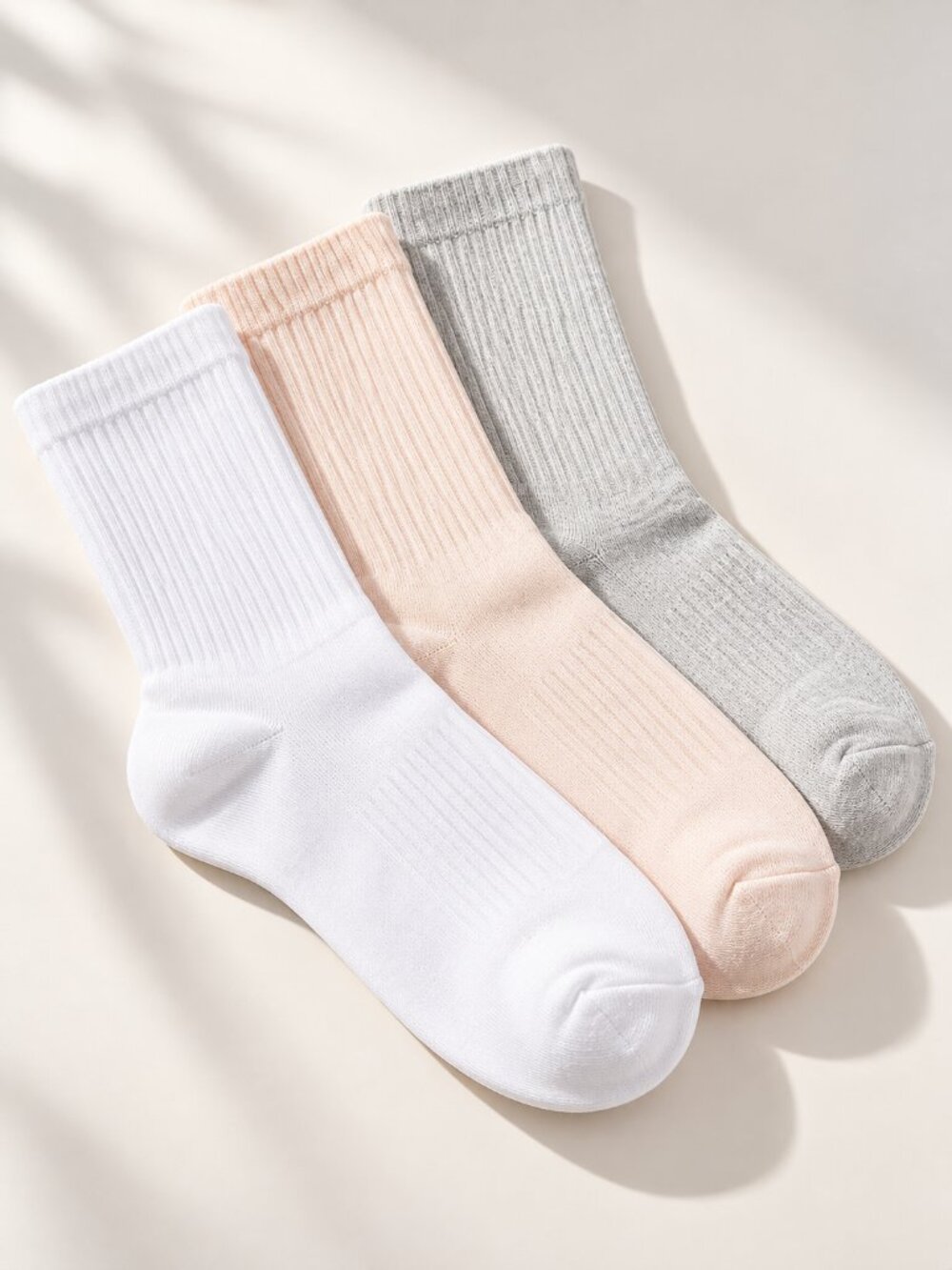 3 Pair Women’s Crew Socks White Blush Pink Light Gray Soft Ribbed Casual